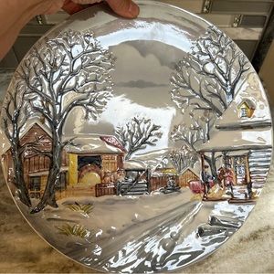 VINTAGE WEST GERMAN 3 D Majolica wall Plate Winter Scene 13 in